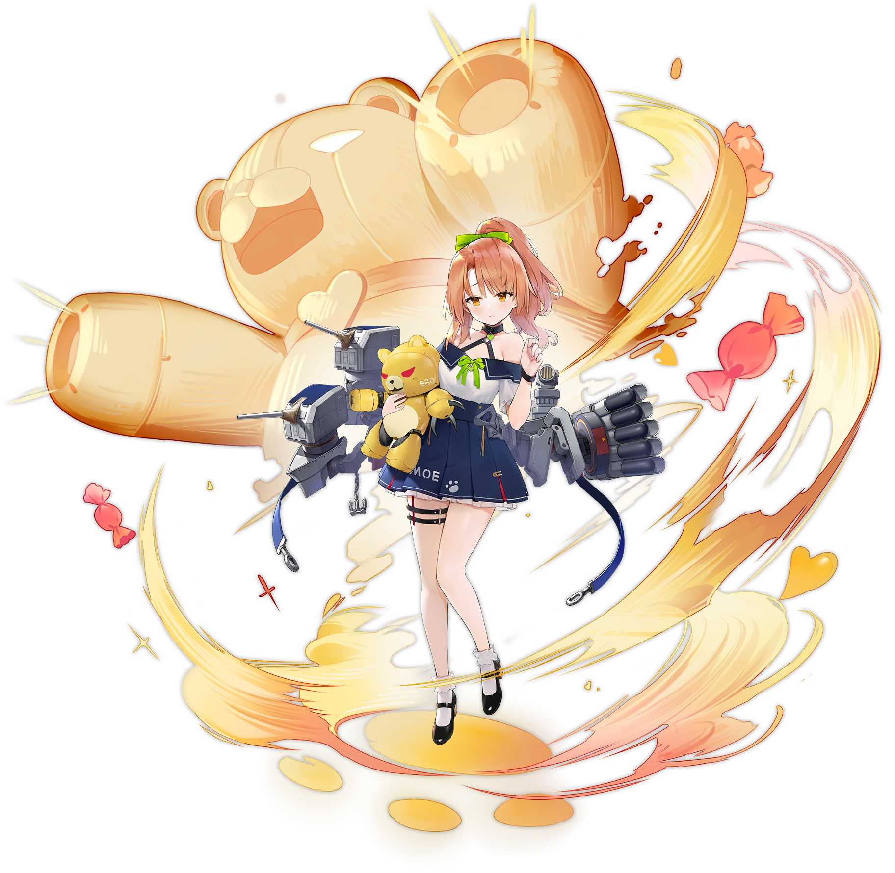 1girl artillery azur_lane bare_shoulders beargguy_iii black_footwear blue_ribbon blue_skirt candy food full_body high_ponytail highres holding holding_toy long_hair looking_at_viewer miniskirt morrison_(azur_lane) off-shoulder_shirt off_shoulder official_art orange_eyes orange_hair ponytail ribbon rigging shirt skirt socks solo suisai_(suisao) thigh_strap torpedo_tubes toy transparent_background white_shirt white_socks