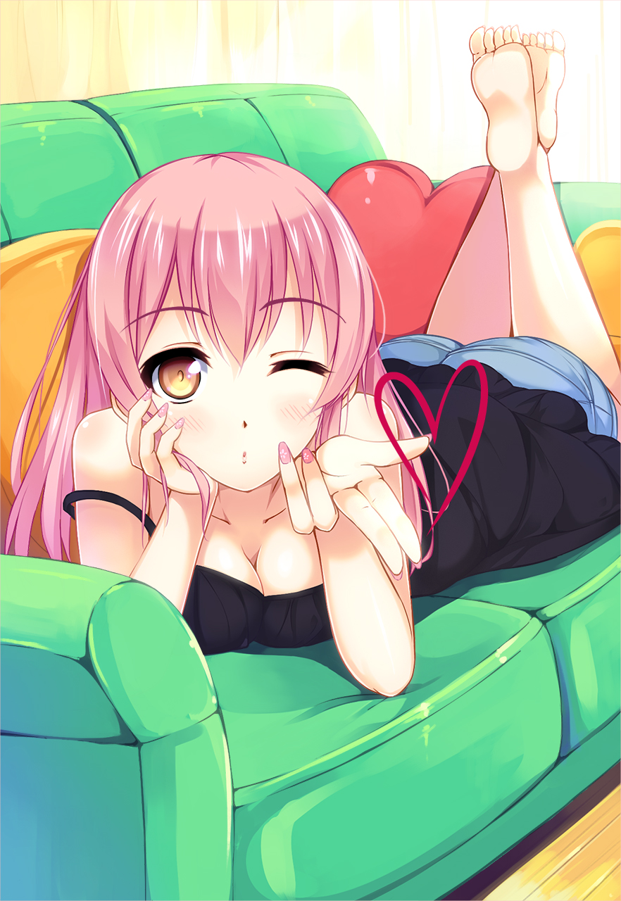 10s 1girl alternate_hairstyle ass bad_id bad_pixiv_id barefoot blowing_kiss blush bow breasts cleavage couch feet female_focus green_upholstery hair_bow hair_down heart highres idolmaster idolmaster_cinderella_girls jougasaki_mika legs_together legs_up long_hair lying on_stomach one_eye_closed pink_hair plantar_flexion smile soles solo the_pose toes yellow_eyes yuki_kai