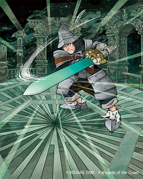 1boy adelbert_steiner copyright_notice feathered_helmet fighting_stance final_fantasy final_fantasy_ix helmet holding holding_sword holding_weapon ka6_ka7 looking_to_the_side magic:_the_gathering official_art serious solo swinging_weapon sword weapon