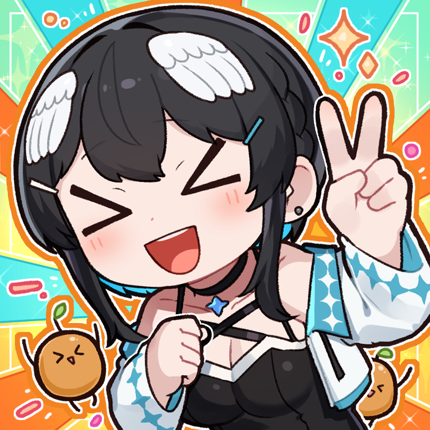 &gt;_&lt; 1girl :d black_dress blush braid breasts chibi cleavage closed_eyes commentary_request cropped_jacket drawstring dress earrings facing_viewer feathered_wings food fruit hair_ornament hairclip head_wings indie_virtual_youtuber jacket jewelry kurata_rine kurata_rine_(vtuber) long_sleeves mandarin_orange medium_breasts open_clothes open_jacket open_mouth orange_outline outline smile solo stud_earrings upper_body virtual_youtuber white_jacket white_outline white_wings wings xd