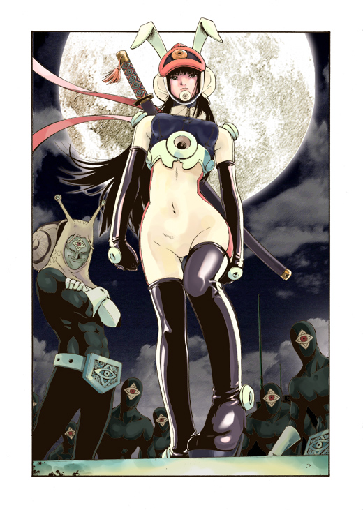 animal_ears boots chou-mukiryoku_sentai_japafive elbow_gloves gloves helmet japafive moon rabbit_ears sato_masaki_(masayakofu) sword thigh_boots thighhighs tsukino_shitsuku weapon