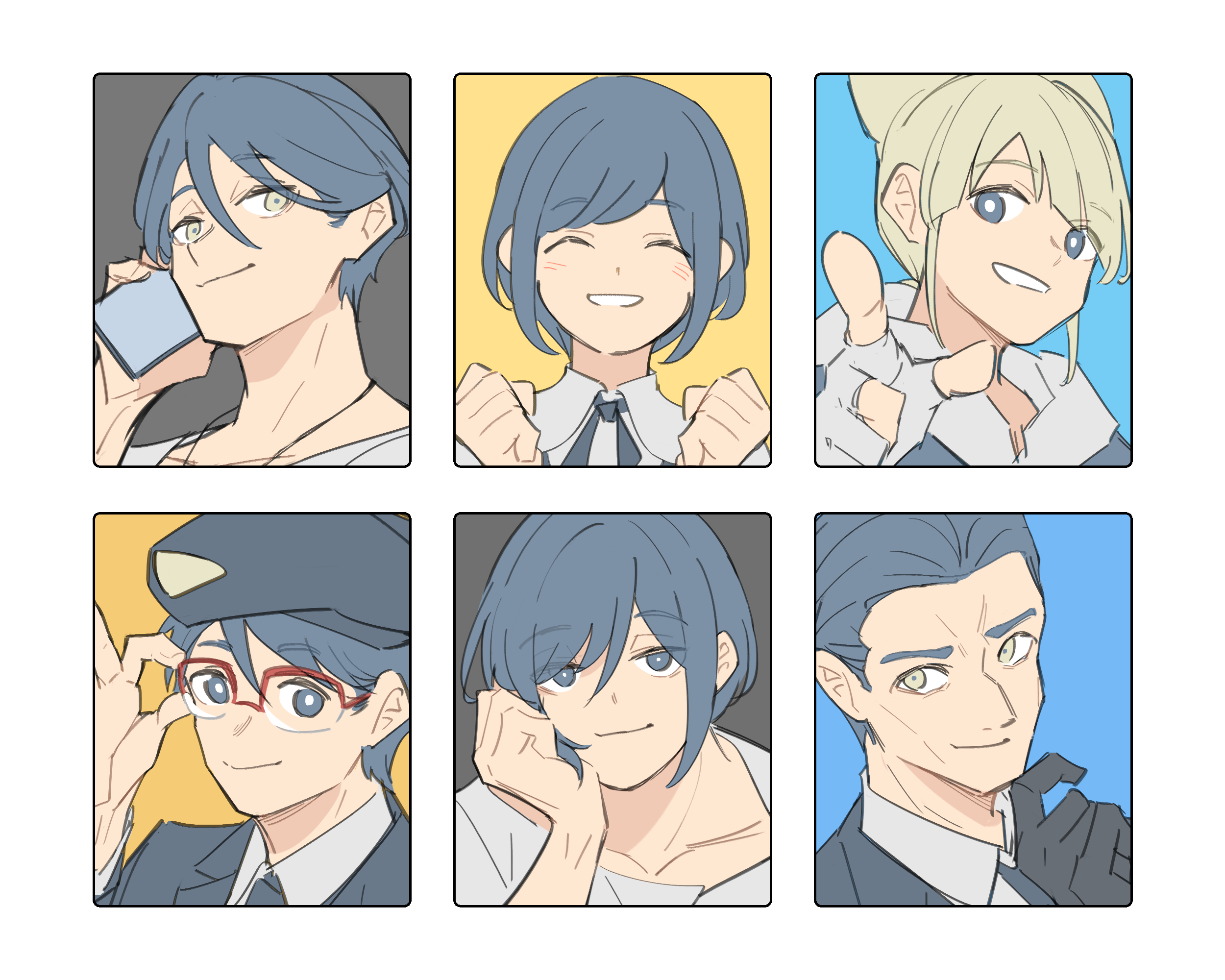 3boys 3girls adjusting_eyewear beret blonde_hair blue_eyes blue_hair clenched_hands closed_eyes closed_mouth collared_shirt column_lineup commentary_request fukurai_azami glasses gloves hair_between_eyes hand_on_eyewear hand_on_own_cheek hand_on_own_chin hand_on_own_face hand_up hands_up hat highres holding holding_phone jasmine_(toshi_densetsu_kaitai_center) kisaragi_ayumi kisaragi_tsutomu looking_at_viewer meguriya_ayumu multiple_boys multiple_girls ok_sign phone pointing pointing_at_viewer red-framed_eyewear shirt short_hair smile spoilers tomiiri_junzo toshi_densetsu_kaitai_center upper_body white_shirt xinhao
