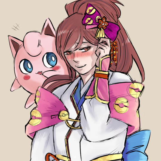 blue_eyes blush brown_eyes brown_hair creatures_(company) game_freak gen_1_pokemon hair_ribbon hand_in_own_hair japanese_clothes jigglypuff kimono long_hair nintendo obi oichi oichi_(pokemon_conquest) oichi_(sengoku_musou) parted_lips poke_ball_print pokemon pokemon_conquest ponytail ribbon sash sengoku_musou smile source_request swept_bangs