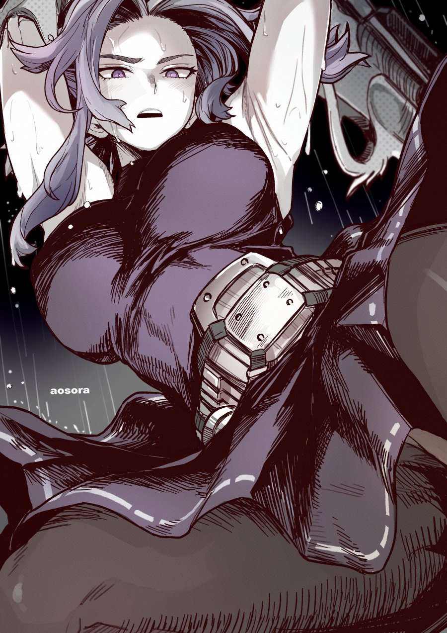 1girl aosora2823 arm_cannon armpits arms_up artist_name bare_shoulders belt boku_no_hero_academia breasts dress highres lady_nagant large_breasts long_eyelashes looking_at_viewer medium_hair multicolored_hair muscular muscular_female prosthetic_weapon purple_eyes purple_hair rain short_hair sleeveless sleeveless_turtleneck_dress solo streaked_hair taut_clothes taut_dress thighs turtleneck turtleneck_dress two-tone_hair upper_body utility_belt weapon