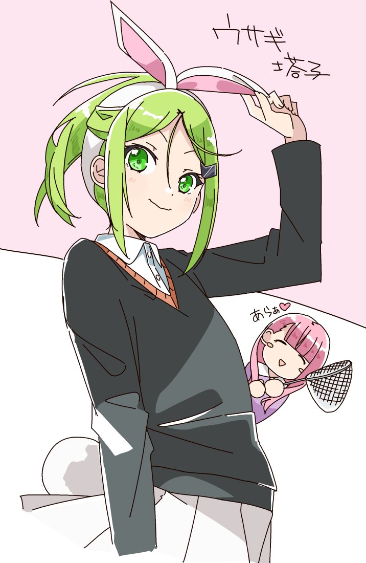 22/7 2girls animal_ears asymmetrical_bangs black_shirt blunt_bangs collared_shirt fake_animal_ears fake_tail green_eyes green_hair hair_ornament hairclip half_updo high_ponytail kamiki_mikami kiryu_touko long_hair long_sleeves multiple_girls parted_bangs pink_hair ponytail rabbit_ears rabbit_tail shirt shirt_under_shirt smile solo_focus standing tail trefle_r two-tone_background white_shirt