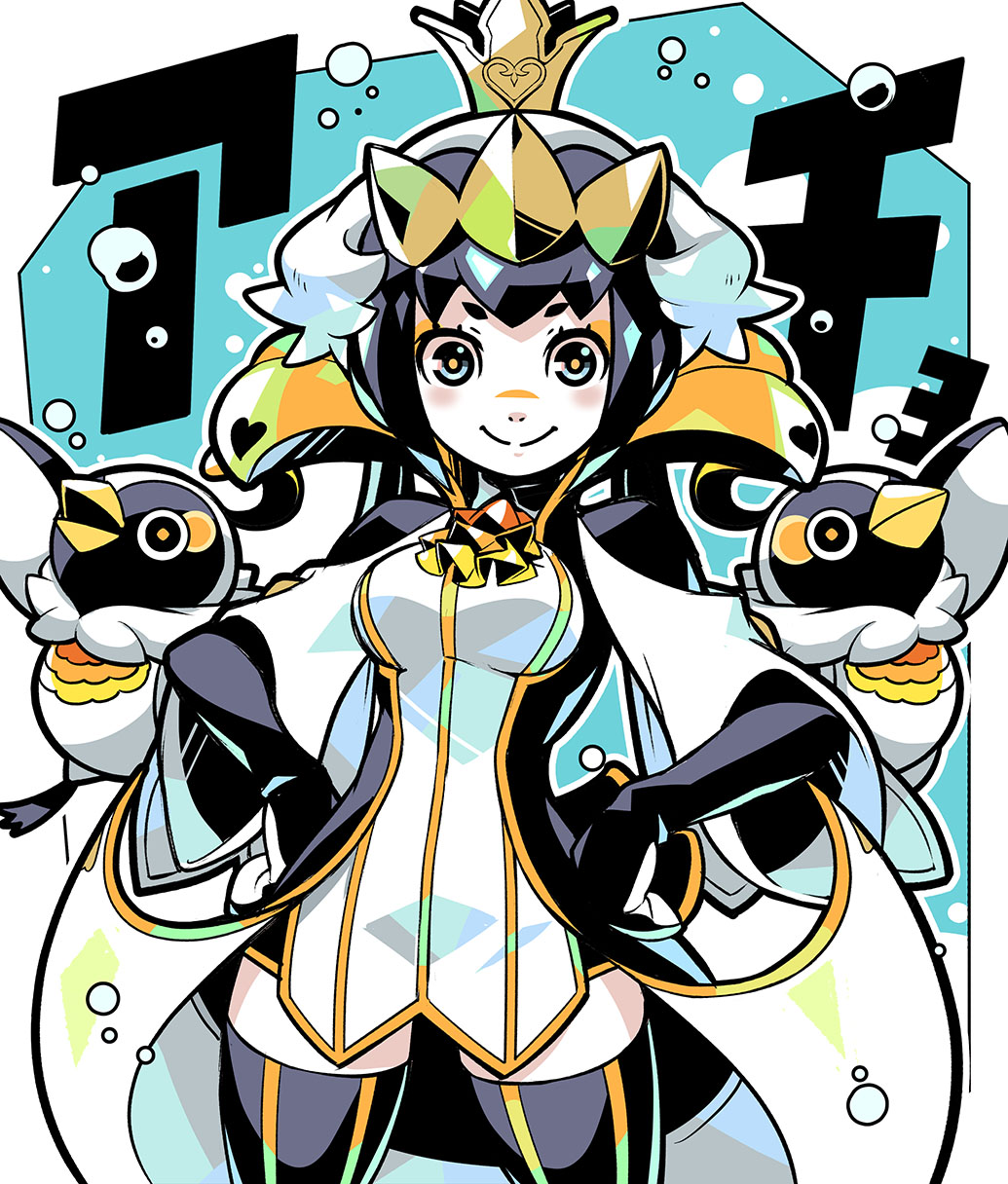 1girl bird black_hair bubble colored_skin crown final_fantasy hands_on_own_hips high_collar highres looking_at_viewer mini_crown mochimochi_ckd pale_skin penguin quacho quacho_queen smile striped_clothes striped_legwear striped_thighhighs thighhighs vertical-striped_clothes vertical-striped_legwear vertical-striped_thighhighs world_of_final_fantasy
