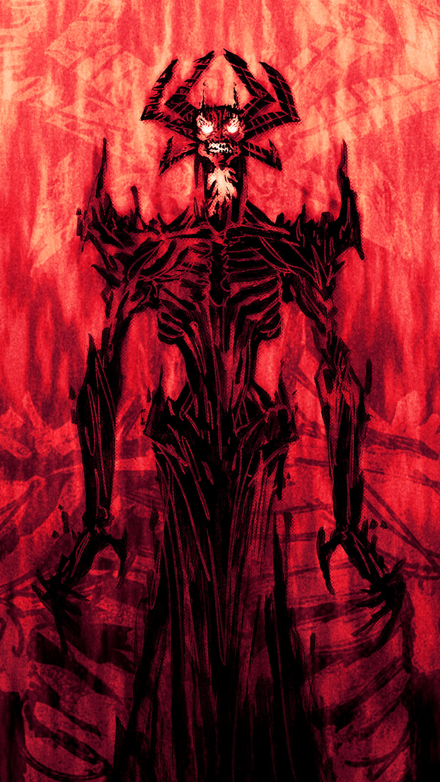 aku_(samurai_jack) commentary demon english_commentary facial_hair fiery_background fingernails fire highres horns limited_palette long_fingernails long_fingers looking_at_viewer male_focus samurai_jack sharp_fingernails sharp_teeth shoulder_spikes solo spikes standing teeth teoft very_long_fingernails
