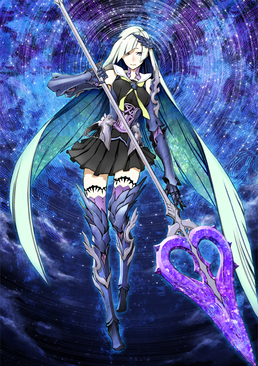 1girl arm_armor armor armored_boots armored_dress armored_gloves black_dress blue_armor boots breasts brynhild_(fate) brynhild_romantia closed_mouth diagonal_bangs dress elbow_gloves fate/grand_order fate_(series) feather_hair_ornament feathers full_body gauntlets gloves green_hair green_neckerchief hair_ornament holding holding_weapon long_hair looking_to_the_side miwa_shirow neckerchief official_art parted_bangs pleated_dress polearm purple_boots purple_eyes purple_gloves sailor_collar short_dress silver_armor sleeveless sleeveless_dress solo spear star_(sky) star_trail starry_sky_background thigh_boots third-party_source variant_set very_long_hair weapon white_sailor_collar