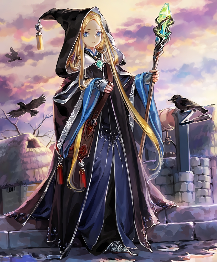 1girl artist_request bare_tree bird blonde_hair blue_eyes cloak crow female_focus fingerless_gloves forehead gloves holylight_convert hood hood_up jewelry long_hair looking_at_viewer official_art parted_bangs ring robe shadowverse solo staff tree very_long_hair well wide_sleeves