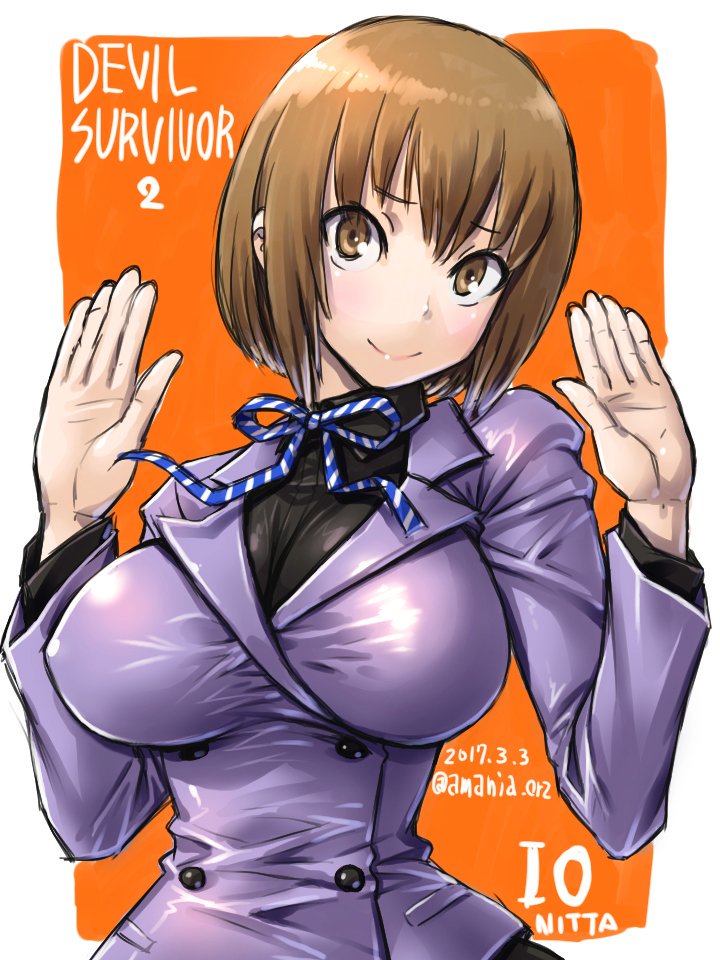 1girl amania_orz blush breasts brown_eyes brown_hair devil_survivor_(series) devil_survivor_2 female_focus large_breasts looking_at_viewer megami_tensei nitta_io shin_megami_tensei shiny_clothes short_hair smile solo tagme upper_body