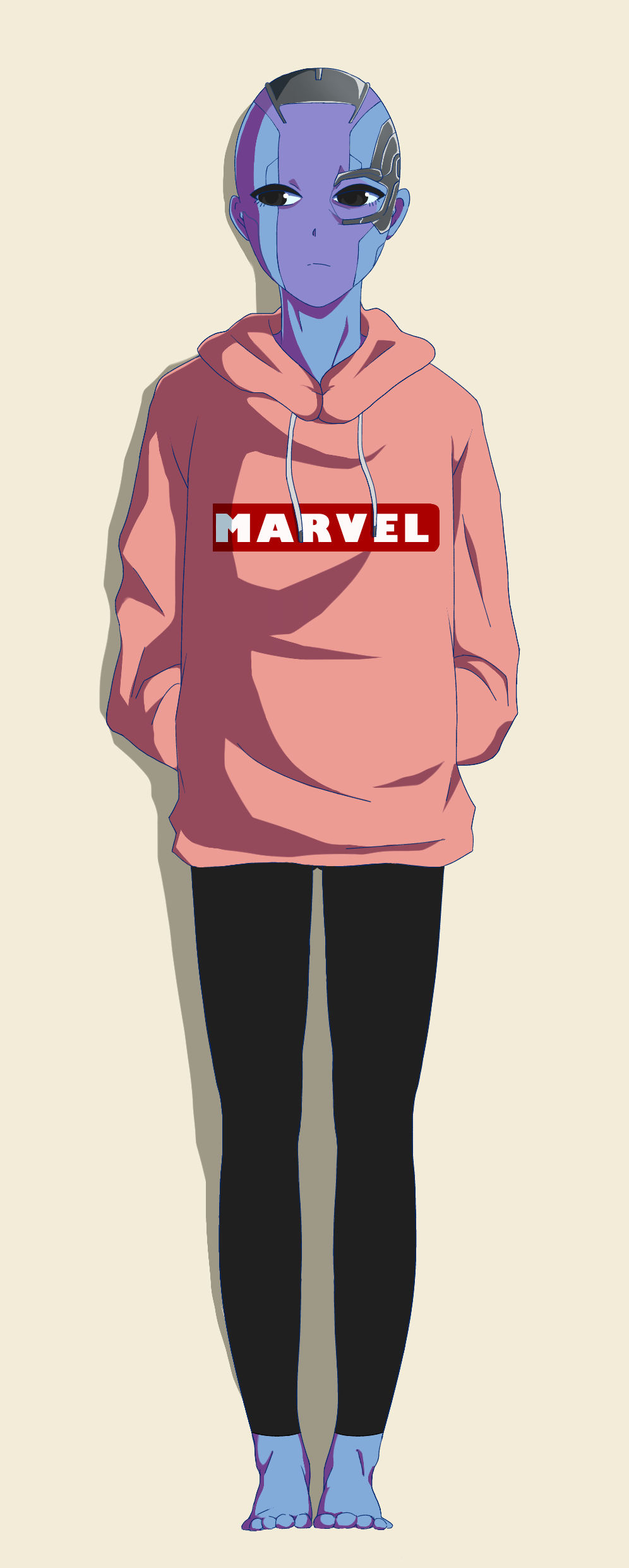 1girl absurdres alternate_costume animification bad_id bad_pixiv_id bald barefoot black_eyes blue_skin colored_skin copyright_name female_focus green_background guardians_of_the_galaxy highres marvel marvel_cinematic_universe nebula_(gotg) simple_background solo takt1114
