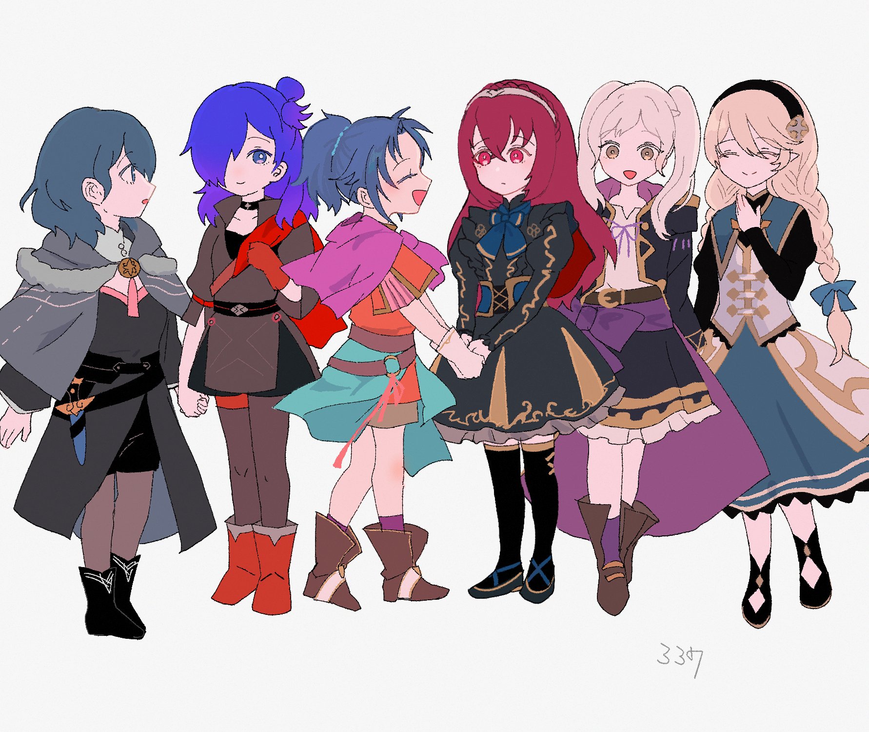 6+girls :d aged_down alternate_costume black_dress black_hairband blue_hair braid brown_eyes closed_eyes closed_mouth crossed_bangs dress female_alear_(fell_dragon)_(fire_emblem) female_alear_(fire_emblem) female_alear_(red_days_past)_(fire_emblem) female_byleth_(fire_emblem) female_corrin_(fire_emblem) female_corrin_(young_kinship)_(fire_emblem) female_kris_(fire_emblem) female_robin_(fire_emblem) female_robin_(young)_(fire_emblem) female_shez_(fire_emblem) fire_emblem fire_emblem:_new_mystery_of_the_emblem fire_emblem:_three_houses fire_emblem_awakening fire_emblem_engage fire_emblem_fates fire_emblem_heroes fire_emblem_warriors:_three_hopes full_body gloves grey_hair hair_between_eyes hairband highres holding_hands juliet_sleeves long_hair long_sleeves looking_at_another multiple_girls nintendo official_alternate_costume open_mouth pantyhose pointy_ears ponytail puffy_sleeves purple_eyes purple_hair red_eyes red_gloves red_hair sasaki_(dkenpisss) shirt shoes short_hair short_sleeves shorts single_glove skirt smile thighhighs tiara twin_braids twintails white_background white_hair