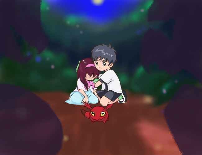 1boy 1girl digimon gigimon long_hair ribbon shadow takuto_(digimon_story:_lost_evolution) yui_(digimon)