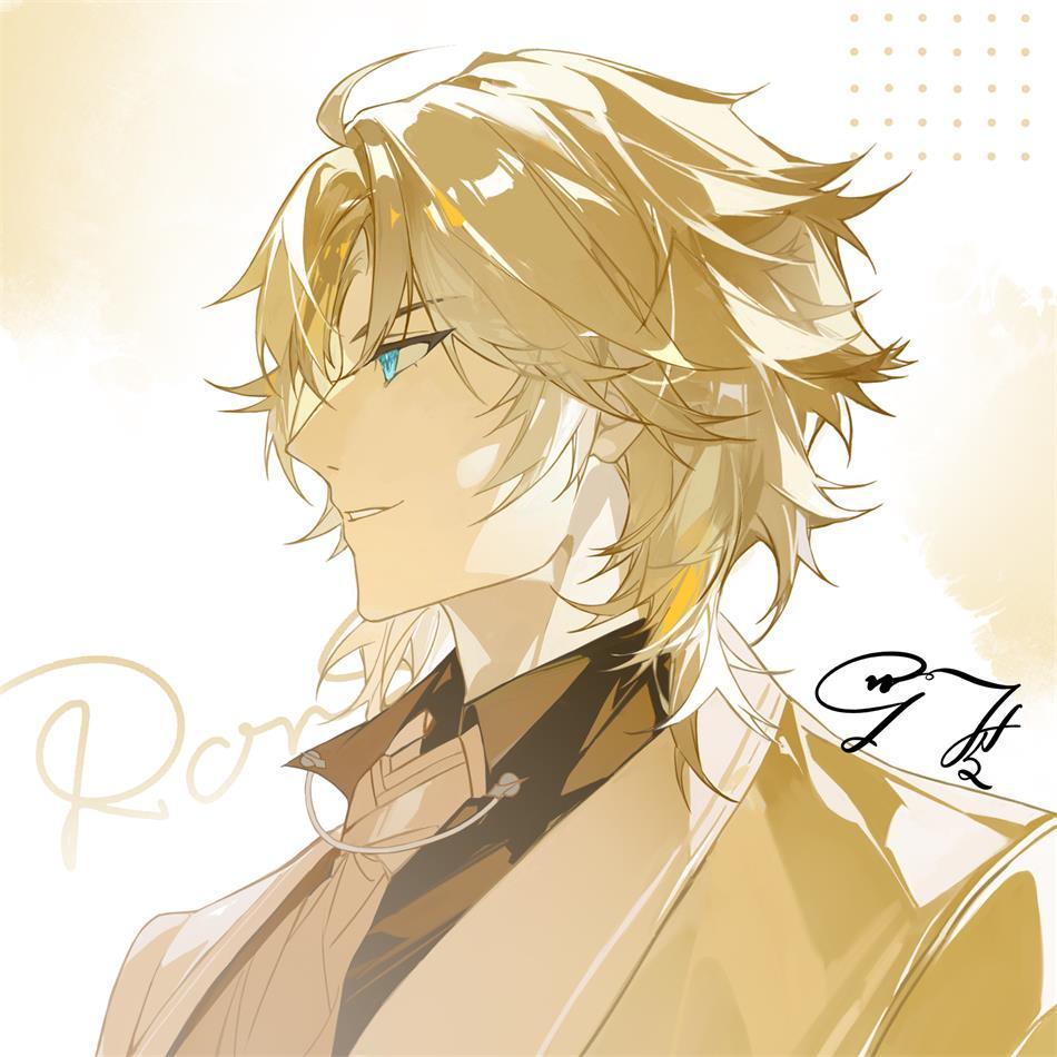 1boy ahoge aqua_eyes character_name chinese_commentary collar_chain_(jewelry) collared_shirt curtained_hair from_side jacket lapels lars_rorschach looking_ahead lovebrush_chronicles male_focus monochrome necktie official_art parted_bangs parted_lips portrait profile shawl_lapels shirt short_hair signature simple_background smile solo white_background yellow_theme