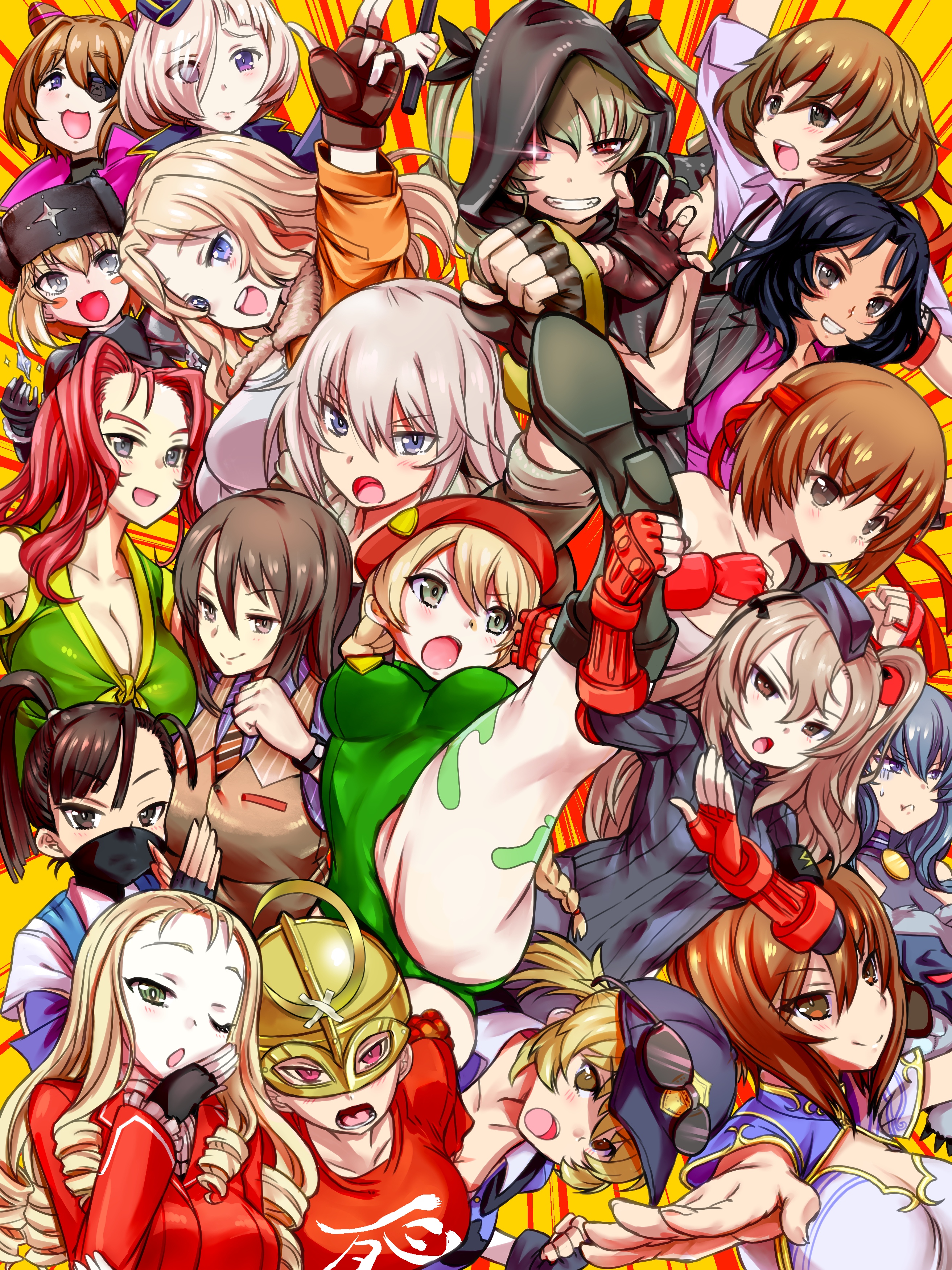 absurdres akiyama_yukari alternate_hairstyle anchovy_(girls_und_panzer) black_boots black_hair blonde_hair blue_eyes blue_hair boots braid brown_eyes brown_hair commission copyright_request cosplay crossover darjeeling_(girls_und_panzer) dark-skinned_female dark_skin drill_hair eclair_(girls_und_panzer) el_(girls_und_panzer) eyewear_on_headwear girls_und_panzer green_eyes green_hair green_hood green_leotard grey_eyes grey_hair hairband hat helmet high_kick highres hood hoodie itsumi_erika jacket katyusha_(girls_und_panzer) kay_(girls_und_panzer) kebiko_(girls_und_panzer) kicking leotard long_hair maiko_(girls_und_panzer) marie_(girls_und_panzer) mika_(girls_und_panzer) multiple_girls nabeyu nishi_kinuyo nishizumi_maho nishizumi_miho orange_hair parody parody_request ponytail purple_eyes red_eyes red_hairband red_jacket red_shirt senju_(girls_und_panzer) shimada_arisu shirt short_hair sophia_(girls_und_panzer) street_fighter sunglasses twin_drills twintails white_hair yuuko_(girls_und_panzer)