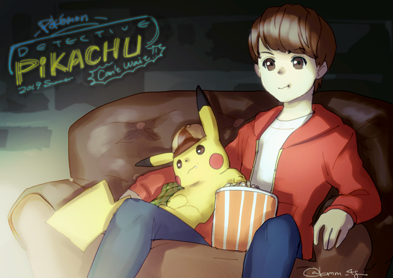 1boy brown_eyes brown_hair clothed_pokemon commentary_request couch creature deerstalker detective_pikachu_(character) detective_pikachu_(game) detective_pikachu_(series) eating gen_1_pokemon hat indoors kimimi_(kmm) logo male_focus nintendo pikachu pokemon pokemon_(creature) signature sitting tim_goodman zipper