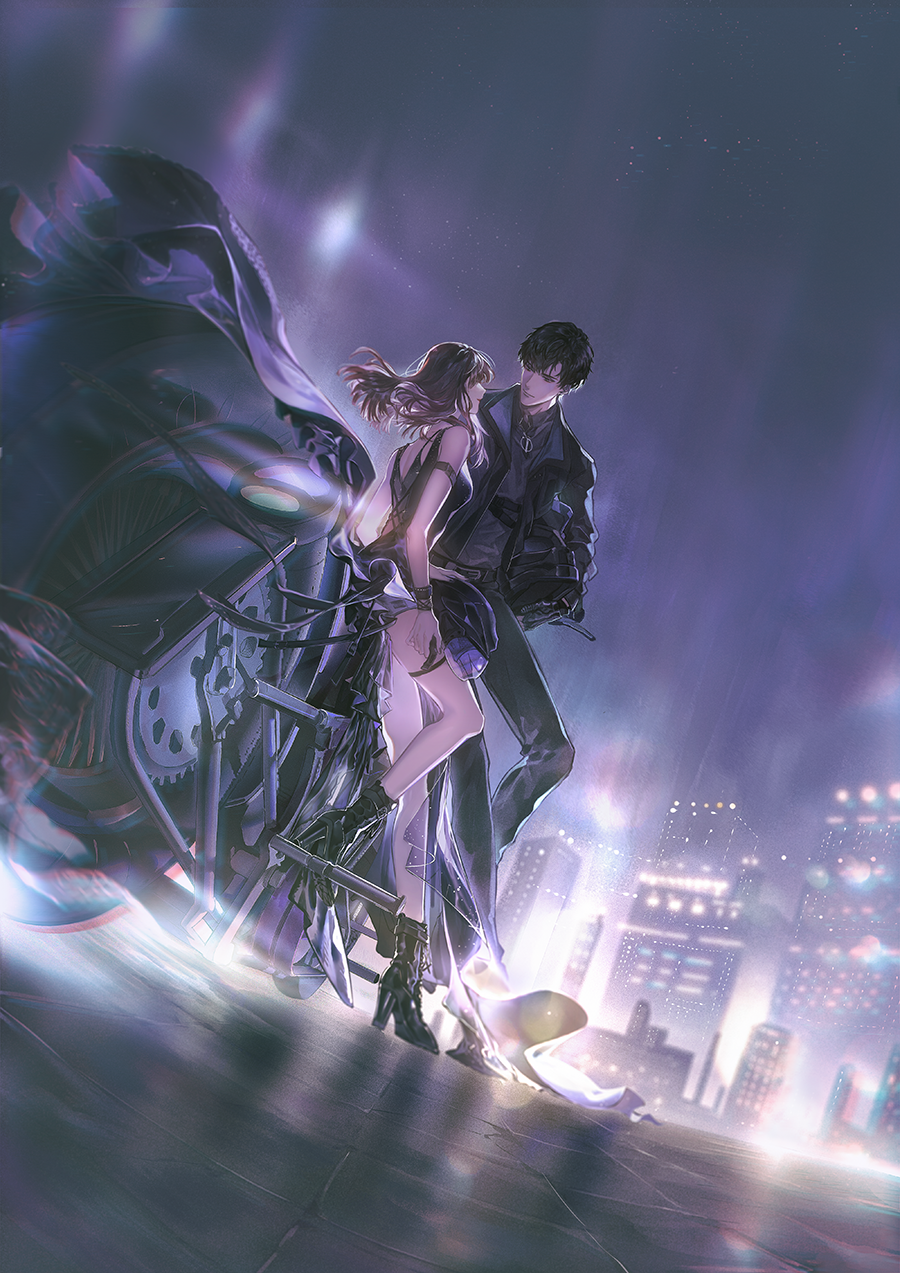 1boy 1girl backless_outfit black_dress black_hair black_jacket black_pants boots breasts brown_hair building city dress high_heels highres jacket light_and_night_love long_hair motor_vehicle motorcycle night night_sky on_motorcycle outdoors pants protagonist_(light_and_night_love) short_hair sky wind xiao_yi_(light_and_night_love) yinzinmiemie