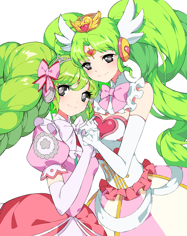2girls bow breasts collar commentary_request crown detached_collar dress drill_hair elbow_gloves falulu falulu_(awakened) forehead_jewel gloves green_hair grey_eyes hair_ornament half-closed_eyes headphones heart holding_hands long_hair looking_at_viewer multiple_girls muse_(rainforest) parted_bangs pink_bow pink_dress pretty_series pripara puffy_short_sleeves puffy_sleeves short_sleeves sidelocks simple_background sleeveless sleeveless_dress small_breasts smile tiara time_paradox twin_drills twintails white_background white_bow white_collar white_dress white_gloves wing_hair_ornament