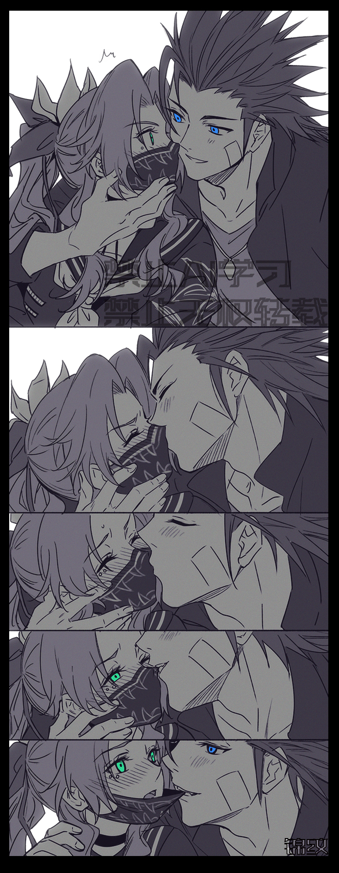 1boy 1girl aerith_gainsborough aerith_gainsborough_(midgard_seventh_high_school) bandage_on_face bandages blue_eyes blush couple final_fantasy final_fantasy_vii final_fantasy_vii_ever_crisis green_eyes greyscale highres huosheanng kiss kissing_through_mask mask mask_pull monochrome mouth_mask official_alternate_costume school_uniform spiked_hair zack_fair zack_fair_(midgard_seventh_high_school)