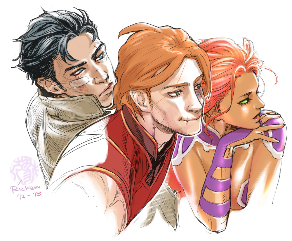 10s 1girl 2013 2boys alien arsenal_(dc) dc_comics injury jason_todd multiple_boys orange_hair red_hood_(dc) ricken roy_harper sleeveless starfire