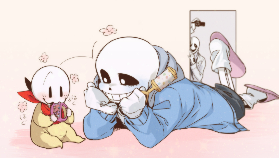 3boys aged_down ahin_vpv baby black_sclera camera coat colored_sclera grin holding holding_camera male_focus multiple_boys papyrus_(undertale) red_scarf sans_(undertale) scarf sitting skeleton smile teeth toy undertale w.d._gaster white_coat white_eyes