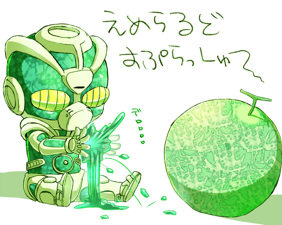 age_regression chibi food food_focus fruit hierophant_green jojo_no_kimyou_na_bouken kamiura melon no_humans slime_(substance) stand_(jojo) translated aged_down