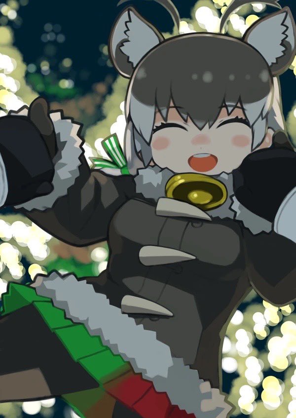 1girl animal_ears antlers bell blush bow brown_coat brown_gloves brown_hair brown_pantyhose closed_eyes coat deer_ears extra_ears fur_collar fur_trim gloves gradient_clothes gradient_skirt green_bow green_skirt hair_between_eyes hair_bow holding_hands horns kemono_friends long_sleeves multicolored_hair neck_bell open_mouth pantyhose pleated_skirt pov red_skirt reindeer_(kemono_friends) reindeer_antlers reindeer_girl rinx sidelocks skirt smile solo twintails white_fur white_hair winter_clothes winter_coat