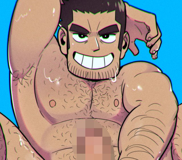 1boy arm_hair armpit_hair armpit_stubble bara beard_stubble black_hair censored chest_hair come_hither completely_nude cowboy_shot erection facial_hair hairy huge_eyebrows large_pectorals leg_hair looking_at_viewer lucas_lee male_focus mosaic_censoring muscular muscular_male navel_hair nipples nude paid_reward_available pectorals penis sanpaku scott_pilgrim_(series) scott_pilgrim_takes_off seductive_smile short_hair smile solo spread_legs stubble sweat toraboi