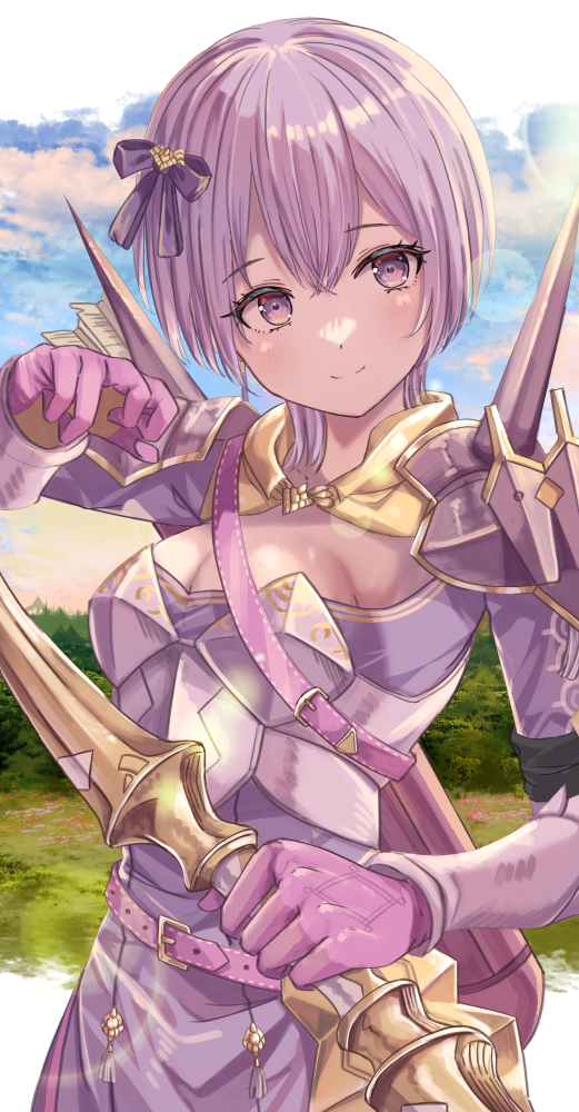 1girl armor armored_dress arrow_(projectile) bernadetta_von_varley bernadetta_von_varley_(timeskip) blue_sky bow_(weapon) breastplate cloud commentary_request day dress fire_emblem fire_emblem:_three_houses fire_emblem_heroes fuussu_(21-kazin) gloves holding looking_at_viewer nintendo official_alternate_costume outdoors pauldrons purple_dress purple_eyes purple_gloves purple_hair quiver shoulder_armor sky solo weapon
