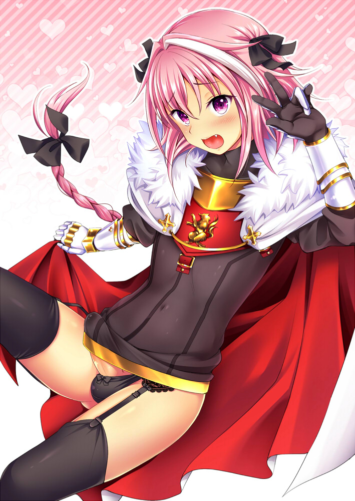 1boy androgynous astolfo_(fate) black_bow black_garter_straps black_gloves black_sweater black_thighhighs blush bow braid bulge cape covered_navel cowboy_shot erection erection_under_clothes fang fate/apocrypha fate_(series) fur-trimmed_cape fur_trim garter_straps gauntlets gloves gorget hair_bow heart heart_background long_hair medium_hair menokonome multicolored_hair penis penis_peek pink_background pink_eyes pink_hair purple_eyes smile streaked_hair striped_background sweater thighhighs trap two-sided_cape two-sided_fabric v