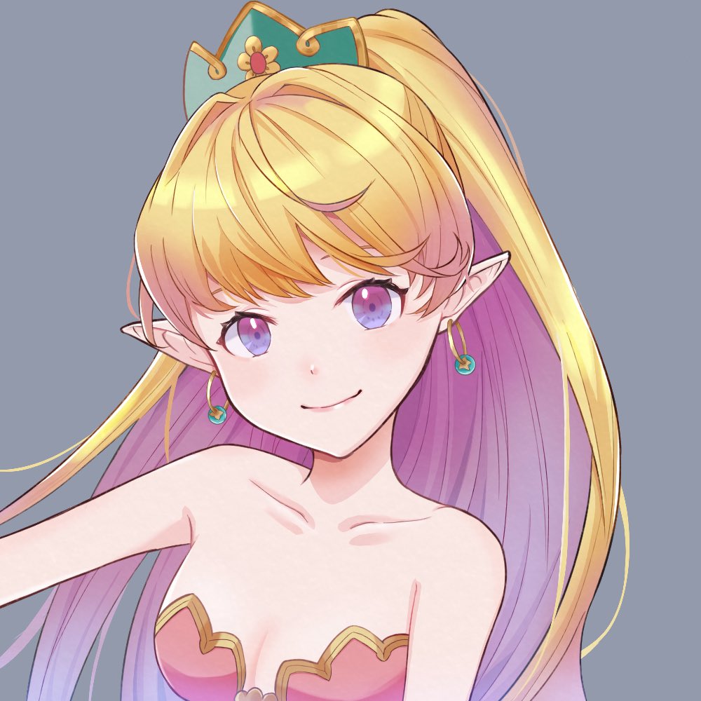 1girl bare_shoulders blonde_hair breasts chako_(sasasaz52) closed_mouth collarbone earrings hair_ornament hoop_earrings jewelry long_hair looking_at_viewer pointy_ears ponytail primm_(seiken_densetsu_2) seiken_densetsu seiken_densetsu_2 simple_background smile solo