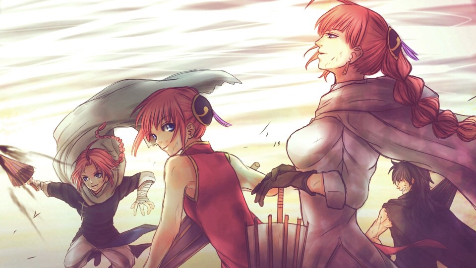 2boys 2girls ^_^ asa_lemon back bandaged_arm bandages battle black_gloves black_hair blue_eyes boots braid brother_and_sister bun_cover cape chinese_clothes closed_eyes dirty dirty_face double_bun earrings family gintama gloves grin hair_bun holding holding_umbrella holding_weapon husband_and_wife jewelry kagura_(gintama) kamui_(gintama) kouka_(gintama) long_hair long_sleeves looking_at_viewer motor_vehicle multiple_boys multiple_girls orange_hair pants ponytail profile siblings single_braid sky sleeveless sleeves_rolled_up smile tassel umbrella umibouzu_(gintama) vehicle weapon