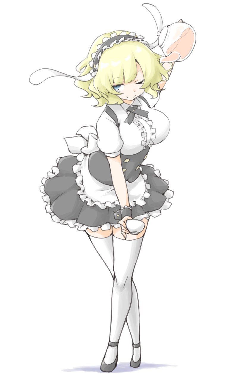 1girl akara_kai blonde_hair blue_eyes breasts colorado_(kancolle) cosplay cup gochuumon_wa_usagi_desu_ka? highres holding holding_cup kantai_collection kirima_syaro kirima_syaro_(cosplay) large_breasts rabbit_house_uniform short_hair simple_background solo teapot thighhighs waitress white_thighhighs