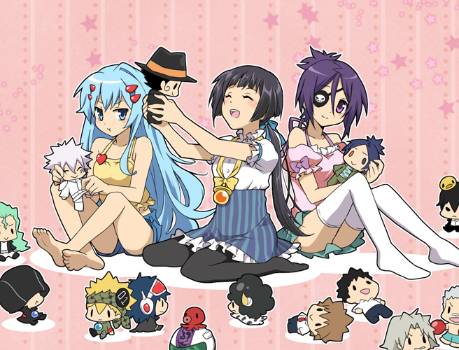 3girls :t ^_^ afuro_(did) bare_shoulders barefoot black_legwear blue_eyes blue_hair blue_skirt bluebell character_doll chrome_dokuro closed_eyes colonello doll eyepatch closed_eyes gokudera_hayato hair_ribbon happy hibari_kyouya katekyo_hitman_reborn! kikyo_(reborn) lambo long_hair mammon_(reborn) miniskirt multiple_girls no_shoes pantyhose pleated_skirt ponytail puffy_cheeks purple_eyes purple_hair reborn ribbon rokudou_mukuro sasagawa_ryohei sawada_tsunayoshi short_hair short_sleeves shorts sitting skirt skull_(reborn) sleeveless smile soles star_(symbol) striped thighhighs toes uni_(reborn) wariza white_legwear yamamoto_takeshi