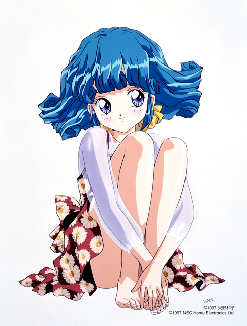 1990s_(style) 1997 1girl aqua_hair artist_name bare_legs barefoot blue_eyes company_name daisy_(flower) dated feet female_focus floral_print flower folded full_body hands_on_feet knees_to_chest legs_together long_sleeves official_art retro_artstyle rolfee see-through_clothes simple_background sitting smile solo tadano_kazuko tonari_no_princess_rolfee white_background