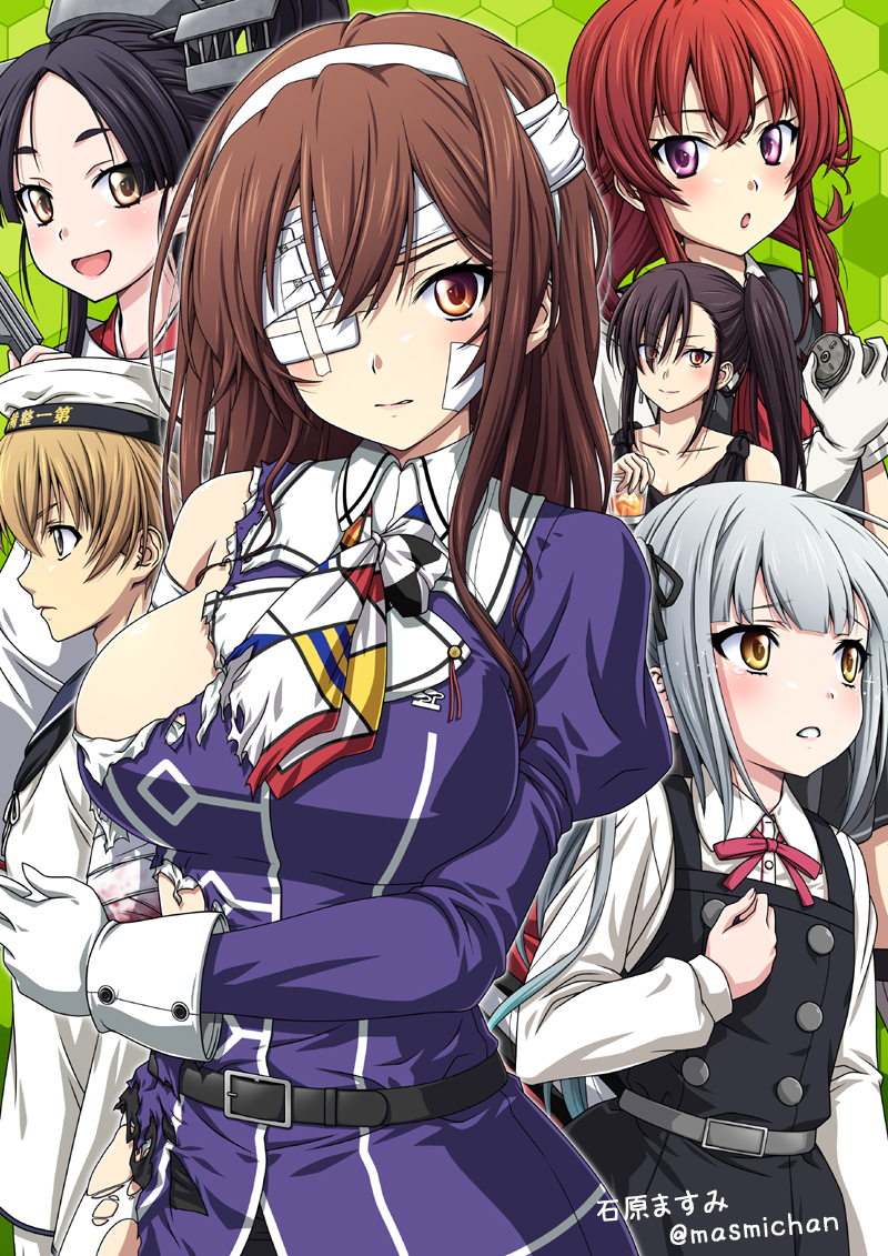 1boy 5girls admiral_(kancolle) arashi_(kancolle) ashigara_(kancolle) ashigara_kai_ni_(kancolle) bandaged_head bandages black_hair black_ribbon blood bloody_bandages blush breasts brown_eyes brown_hair closed_mouth collared_shirt commentary_request cup depth_charge dress gauze gauze_over_eye gloves green_background grey_hair hair_ribbon headgear holding holding_cup injury ishihara_masumi jacket kantai_collection kasumi_(kancolle) kasumi_kai_ni_(kancolle) large_breasts long_hair long_sleeves looking_at_viewer multiple_girls nachi_(kancolle) neck_ribbon neckerchief nisshin_(kancolle) open_mouth pinafore_dress purple_jacket red_hair red_neckerchief ribbon shirt side_ponytail simple_background sleeveless sleeveless_dress torn_clothes twitter_username white_gloves white_shirt