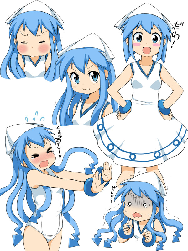 &gt;_&lt; 1girl :d alternate_hairstyle blue_eyes blue_hair blush_stickers closed_eyes dress female_focus hat ikamusume long_hair matching_hair/eyes o_o one-piece_swimsuit open_mouth pout school_swimsuit shinryaku!_ikamusume short_hair smile solo swimsuit ubizo wavy_mouth white_one-piece_swimsuit white_school_swimsuit