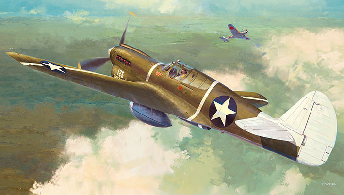 1boy aircraft airplane artist_name canopy_(aircraft) check_vehicle cloud from_behind ki-43_hayabusa military_vehicle original p-40_warhawk propeller propeller_fighter roundel sky star_(symbol) traditional_media vehicle_focus vehicle_request wada_takayoshi