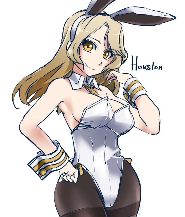 1girl adapted_costume animal_ears black_pantyhose bow bowtie breasts brown_eyes character_name cleavage covered_navel cowboy_shot detached_collar fake_animal_ears hair_between_eyes houston_(kancolle) kantai_collection leotard light_brown_hair long_hair looking_at_viewer medium_breasts pantyhose playboy_bunny rabbit_ears range_finder strapless strapless_leotard thighband_pantyhose udukikosuke white_leotard wing_collar wrist_cuffs
