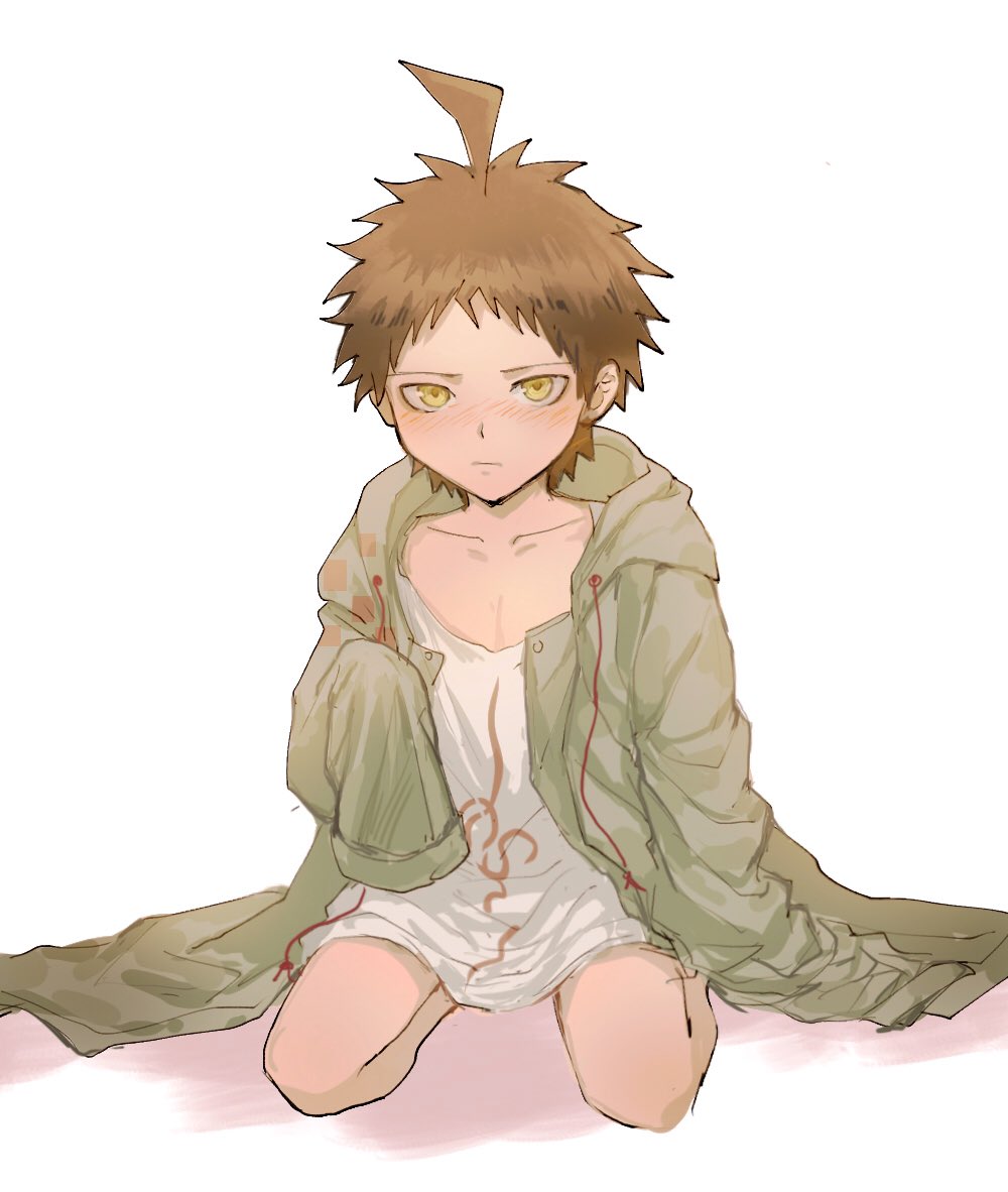 1boy aged_down ahoge ai_(meira32373165) blush brown_eyes child closed_mouth coat collarbone commentary_request cosplay danganronpa_(series) danganronpa_2:_goodbye_despair frown green_coat grey_background grey_shirt hinata_hajime hood hood_down hooded_coat komaeda_nagito komaeda_nagito_(cosplay) long_sleeves looking_at_viewer male_focus open_clothes oversized_clothes print_shirt shirt short_hair simple_background sitting sleeves_past_fingers sleeves_past_wrists solo spiked_hair wariza