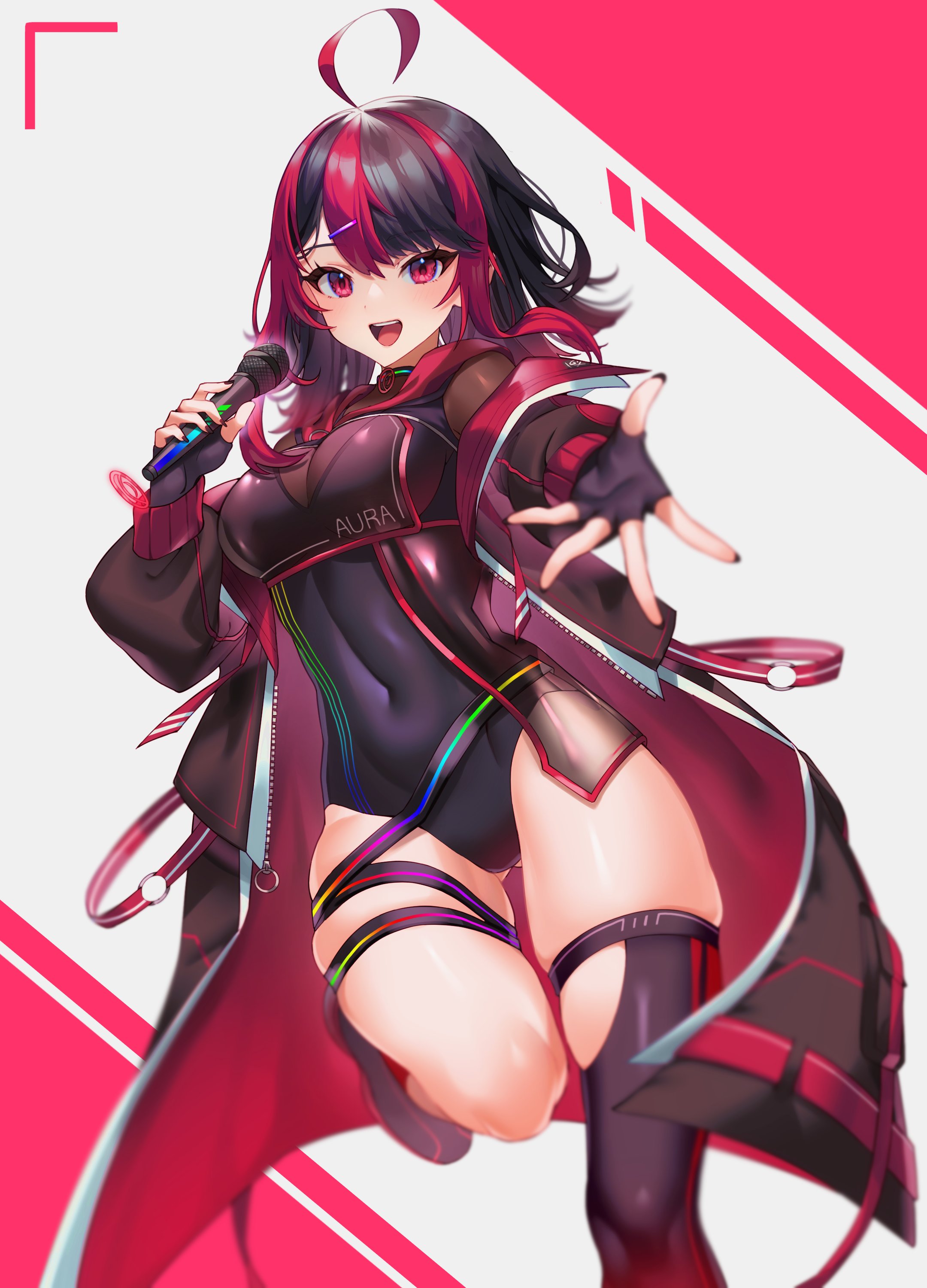 absurdres ahoge black_hair bodystocking breasts cleavage cleavage_cutout clothing_cutout gx_aura highres holding holding_microphone jacket medium_breasts microphone multicolored_hair open_clothes open_jacket opera_gx rainbow_gradient red_eyes red_hair single_thighhigh tagme thighhighs two-tone_hair virtual_youtuber zero-go