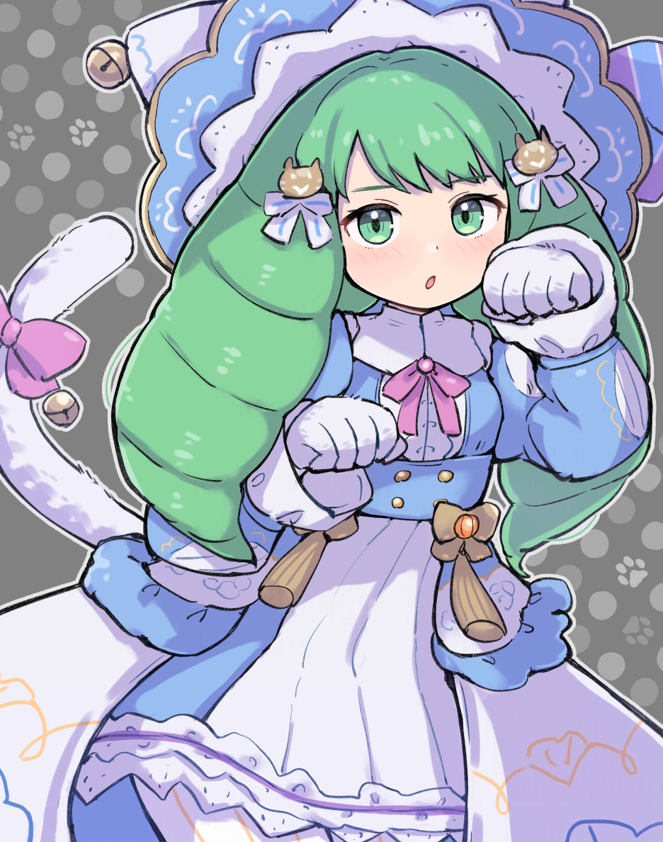 1girl animal_hands bell blue_dress cat_paws cat_tail dress drill_hair fire_emblem fire_emblem:_three_houses fire_emblem_heroes flayn_(fire_emblem) flayn_(halloween)_(fire_emblem) green_eyes green_hair halloween halloween_costume kutabireta_neko long_hair looking_at_viewer nintendo official_alternate_costume parted_lips ribbon solo tail tail_bell tail_ornament tail_ribbon twin_drills