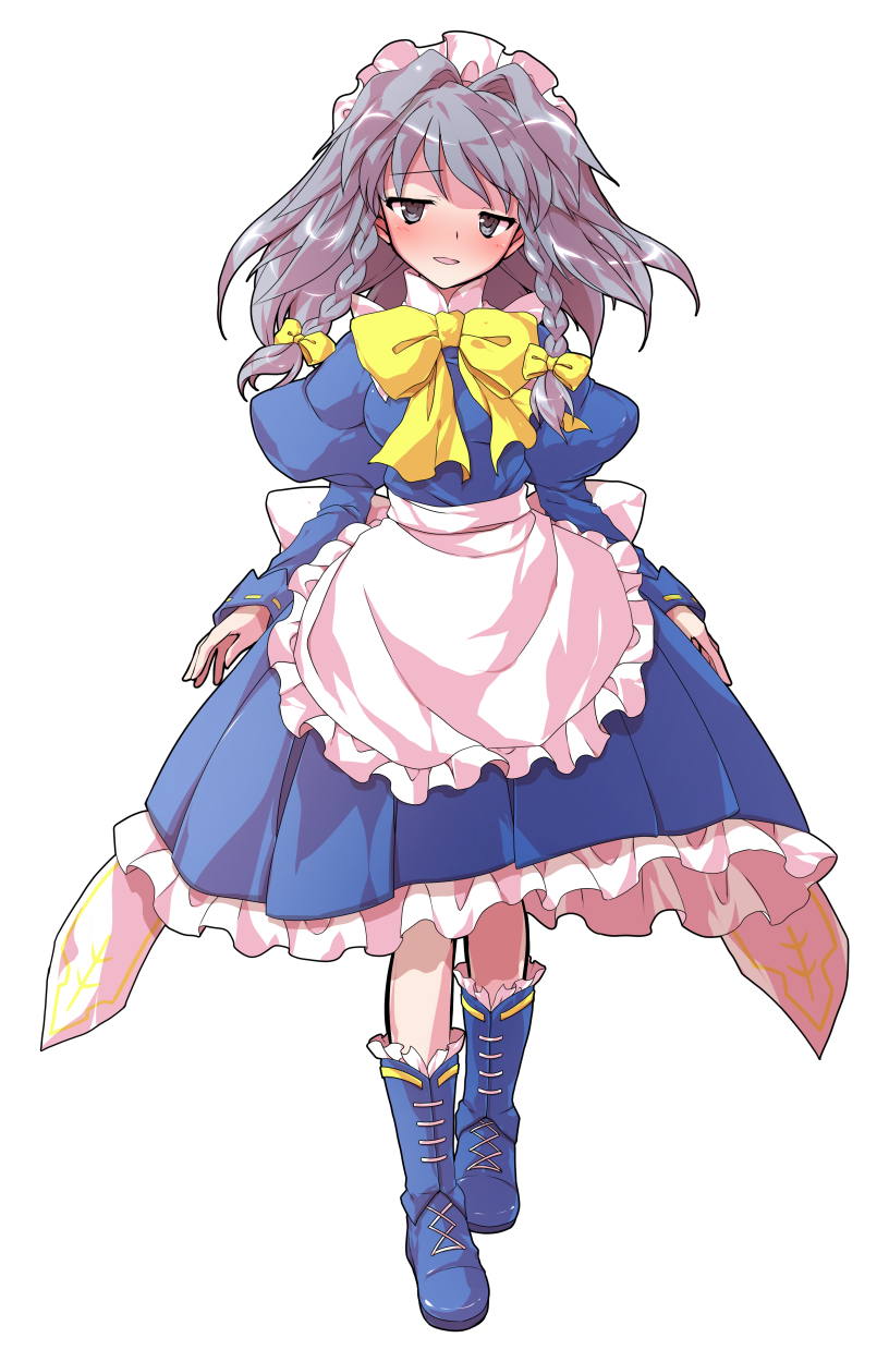 1girl apron arms_at_sides blue_dress blue_shoes blush boots bow bowtie braided_sidelocks breasts commentary_request curiosities_of_lotus_asia dairi dress frilled_apron frills full_body grey_eyes grey_hair hair_bow hair_intakes half-closed_eyes highres izayoi_sakuya juliet_sleeves large_breasts large_variant_set long_hair long_sleeves looking_at_viewer maid maid_apron maid_headdress parted_lips petticoat pleated_dress puffy_sleeves raised_inner_eyebrows shoes simple_background solo standing tachi-e touhou transparent_background unamused variant_set white_apron wispy_bangs yellow_bow yellow_bowtie