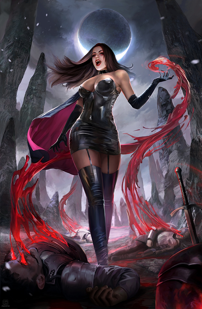 1girl 4boys armor black_cape black_choker black_dress black_footwear black_garter_straps black_gloves black_hair blood boots breasts brown_pantyhose cape choker clayscence cleavage corpse dress elbow_gloves garter_straps gloves hemokinesis large_breasts long_hair looking_at_viewer magic moon multiple_boys open_mouth original outdoors pantyhose pink_cape planted planted_sword planted_weapon red_eyes red_lips solo_focus standing strapless strapless_dress sword teeth thigh_boots two-sided_cape two-sided_fabric upper_teeth_only vampire weapon witch