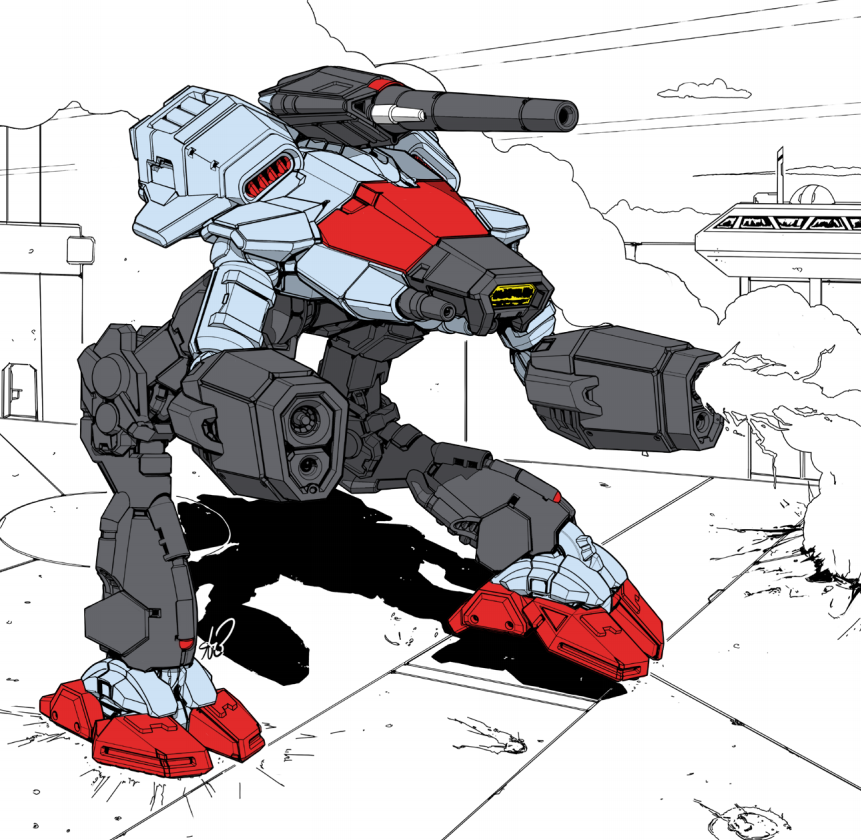 alan_blackwell alien arm_cannon battle battletech choujikuu_yousai_macross commentary control_tower damaged darkton-artemis dual_arm_cannons energy_cannon english_commentary firing glaug machinery macross marauder_(battletech) mecha no_humans recolored redesign robot robotech science_fiction shadow signature smoke spacecraft third-party_edit tower walker_(robot) weapon zentradi