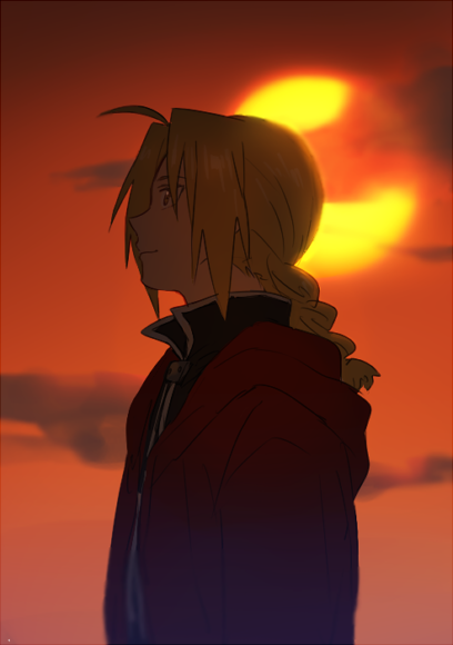 1boy black_shirt blonde_hair blouse braid braided_ponytail cloud cloudy_sky coat edward_elric fullmetal_alchemist long_hair looking_up male_focus red_coat riru shirt single_braid sky smile solo standing sun sunset yellow_eyes