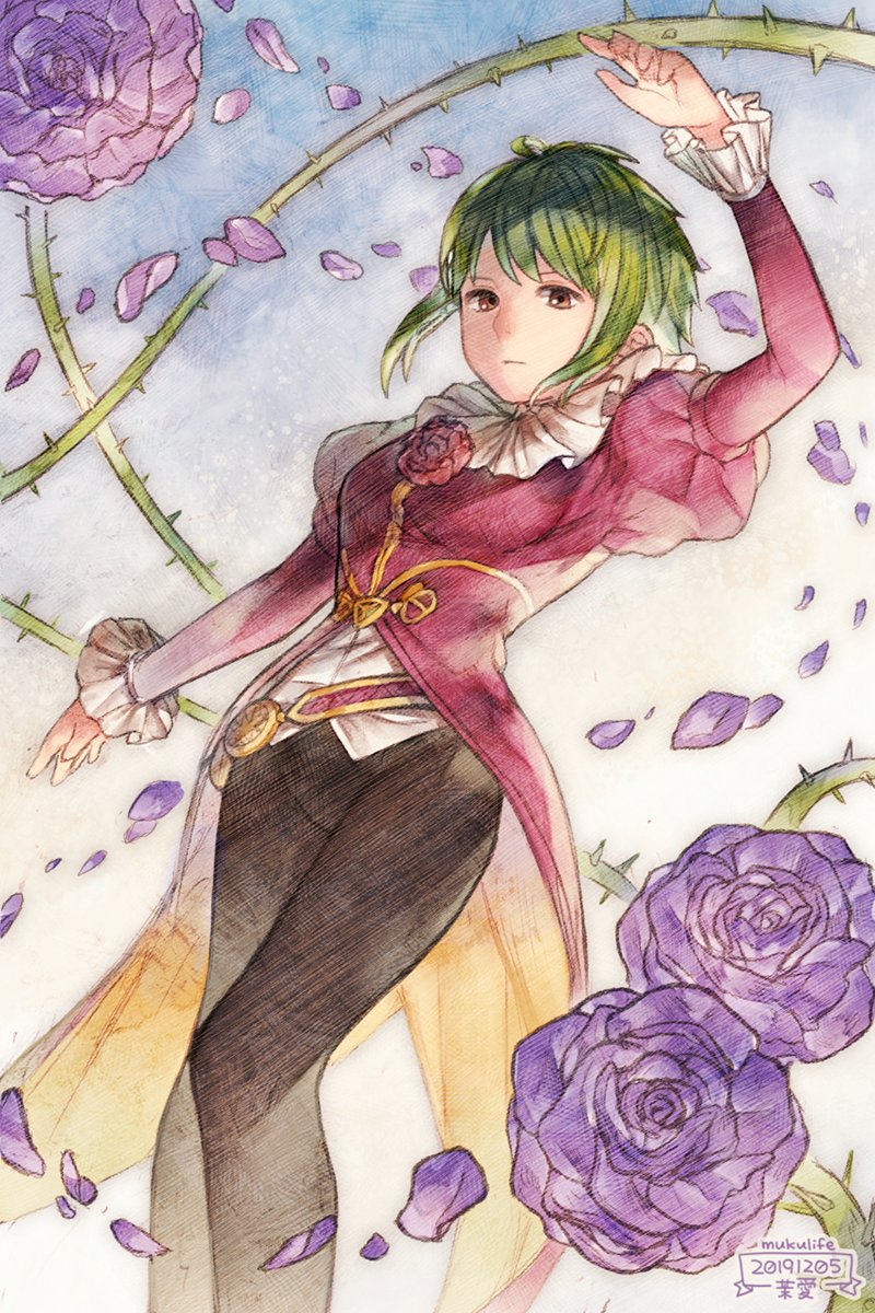 1girl artist_name asellus_(saga_frontier) breasts brown_eyes closed_mouth cotelier dated dress flower green_hair highres looking_at_viewer red_flower red_rose rose saga saga_frontier short_hair solo thorns