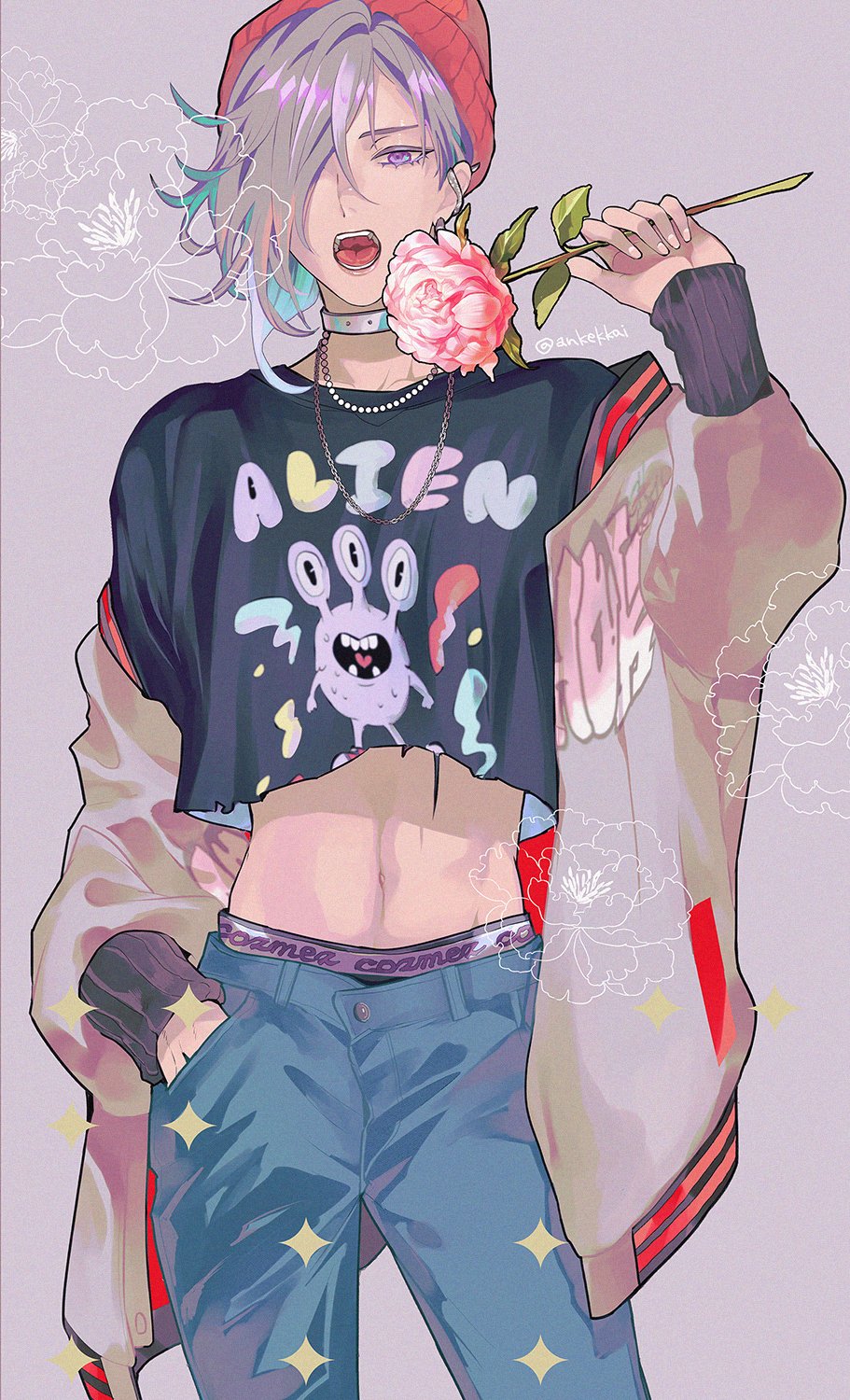 1boy alternate_costume ankekkai aqua_hair beanie black_shirt choker crop_top denim floral_background flower grey_background grey_hair hair_over_one_eye hat highres holding holding_flower jeans male_focus multicolored_hair one_eye_covered pants paradox_live pink_flower pink_rose red_hat rose shirt simple_background solo white_choker yatonokami_kanata