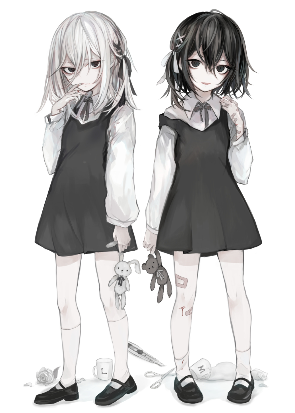 2girls :d bandaid bandaid_on_arm bandaid_on_hand black_bow black_dress black_eyes black_footwear black_hair blouse bow boxcutter closed_mouth collared_shirt commentary_request cup dress flower hair_between_eyes hair_ornament hand_up hasunokaeru highres holding holding_stuffed_toy long_sleeves looking_at_viewer mug multiple_girls open_mouth original puffy_long_sleeves puffy_sleeves rose scissors self-harm shirt shoes sleeveless sleeveless_dress smile socks standing stuffed_animal stuffed_rabbit stuffed_toy white_background white_flower white_hair white_legwear white_rose white_shirt wrist_cutting x_hair_ornament