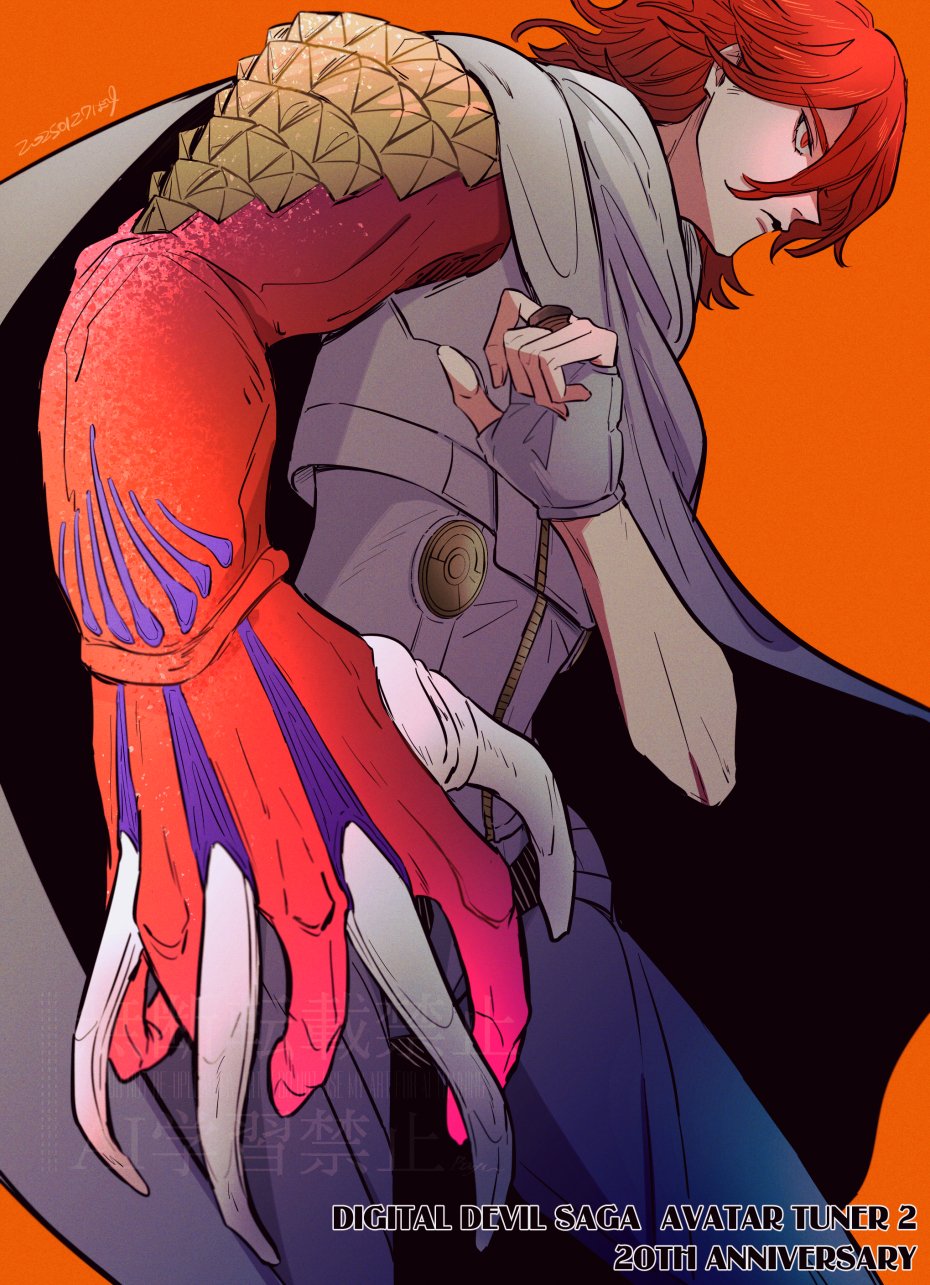 1boy anniversary asymmetrical_arms bayu_(uyab003) bone claws cloak copyright_name dated digital_devil_saga fingerless_gloves flesh giant_hand gloves grey_cloak happy_anniversary heat_(dds) highres male_focus orange_background red_eyes red_hair shin_megami_tensei short_hair solo zipper